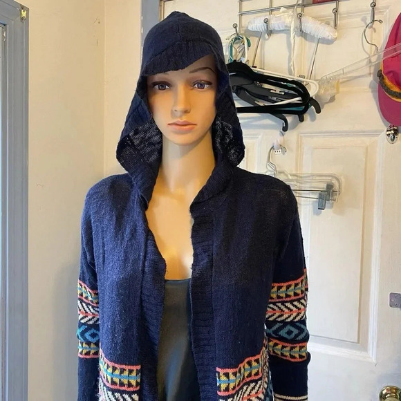 Eyeshadow Hoodie Cardigan Sweater OpenFront Womens S Navy Aztec Long Grunge Knit - Picture 6 of 9